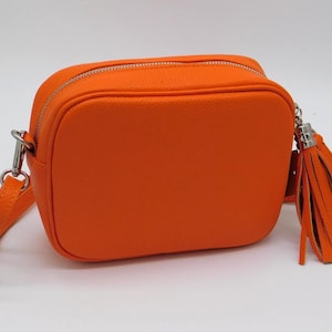Sara Orange Leather Cross body Bag. Genuine Italian Pebbled Leather.