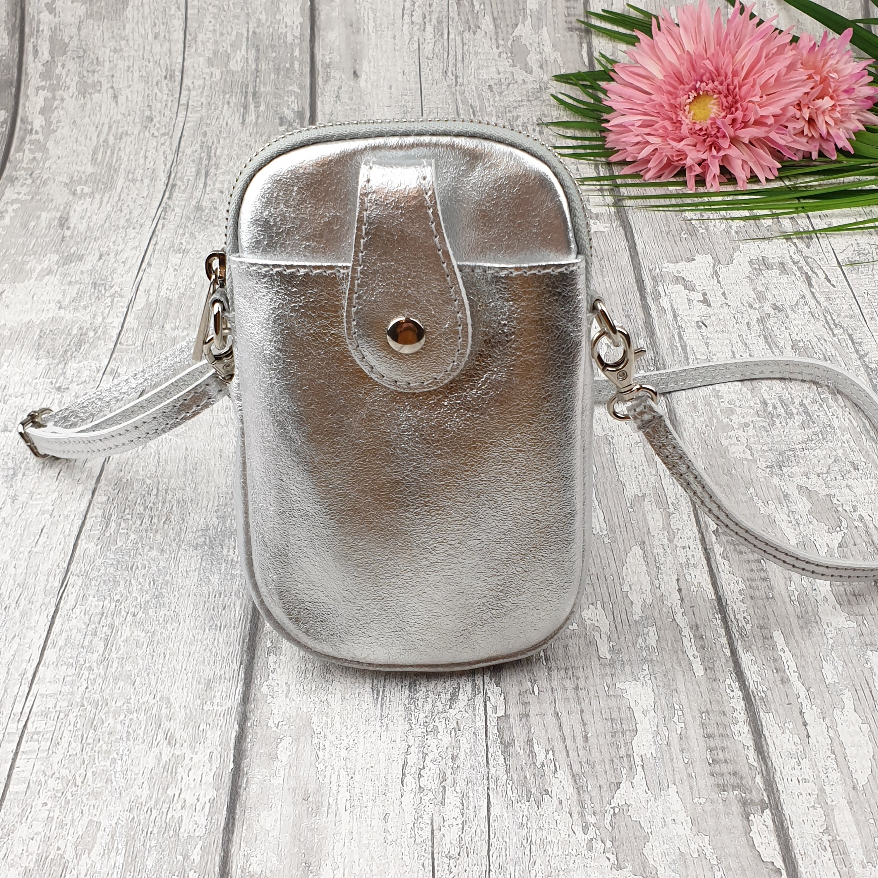 Metallic Silver Crossbody Leather Phone Bag/pouch Leather Phone 