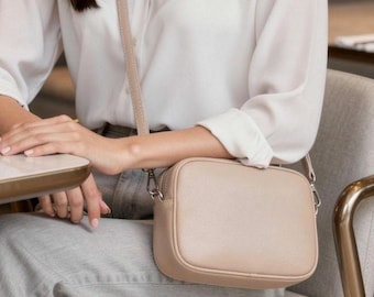 Sara Nude Leather Cross body Bag. Genuine Italian Leather Bag. Womens Neutral Leather Bag With Tassel Bag.
