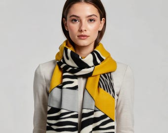 Cashmere Blend Scarf: Mustard Yellow Zebra Print, Lightweight Gift