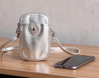 Metallic Silver Leather Crossbody Phone Bag: Italian Leather Travel Purse