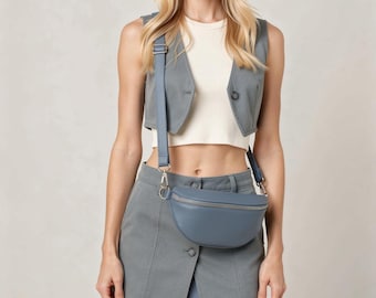 Blue Italian Leather Bum Bag: Women's Crossbody Fanny Pack
