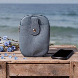 Blue Leather Crossbody Phone Bag: Italian Leather Shoulder Wallet