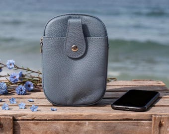 Bolso bandolera de piel azul para teléfono: Cartera de hombro de piel italiana