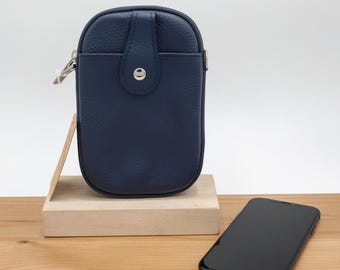 Bolso/estuche para teléfono de cuero tipo bandolera azul marino