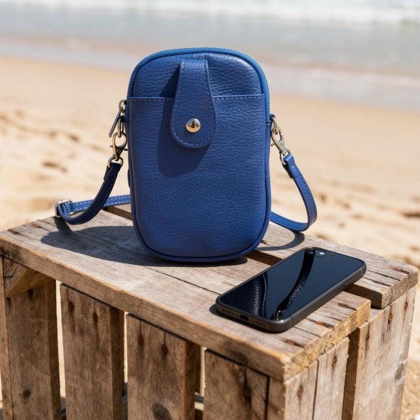 Royal Blue Leather Crossbody Phone Bag: Italian Leather Travel