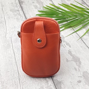 Bolso de teléfono de cuero crossbody naranja/bolso de teléfono crossbody de cuero, bolso de iphone de cuero genuino, cartera de teléfono de hombro, bolso de viaje.