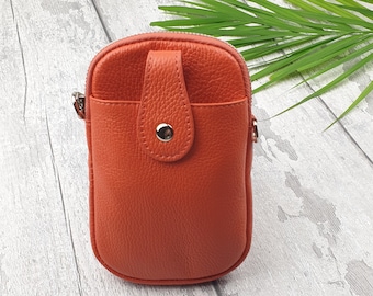 Orange Crossbody Leather Phone Bag/Pouch Leather Crossbody Phone Bag, Genuine Leather Iphone Purse, Shoulder Phone Wallet, Travel Purse.