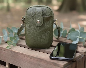 Bolso bandolera de piel verde caqui para teléfono: bolso de viaje de piel italiana