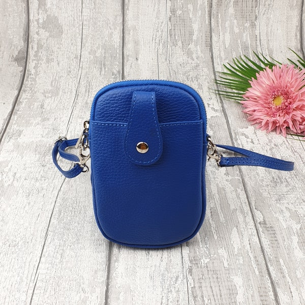 Royal Blue Crossbody Leather Phone Bag/Pouch Leather Crossbody Phone Bag, Genuine Leather Iphone Purse, Shoulder Phone Wallet, Travel Purse.