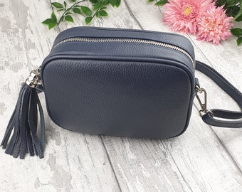 Sara Dark Blue Leather Cross body Bag. Genuine Italian Pebbled Leather