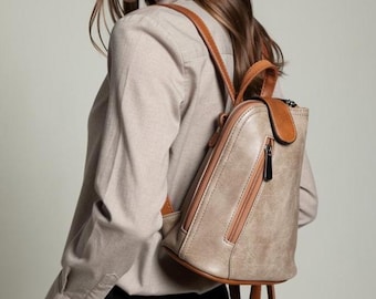 Mini Beige Rucksack: Convertible Backpack Crossbody Bag