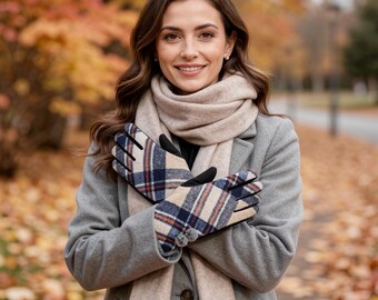 Tartan Fleece Touch Screen Gloves: Ladies Winter Warm Gloves