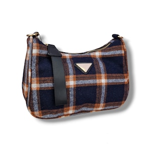 Tweed Blue & Orange Cross Body Saddle Bag. Tweed Style Cross body Shoulder Bag. Matching Tweed Coin Purse. Check Pattern Handbag.