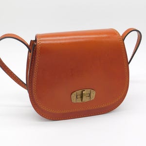 May include: A small, saddle-style handbag in a warm, reddish-brown colour. The leather bag features a curved shape, a flap closure with a brass-coloured clasp, and a stitched design. It has a top handle and a shoulder strap.
