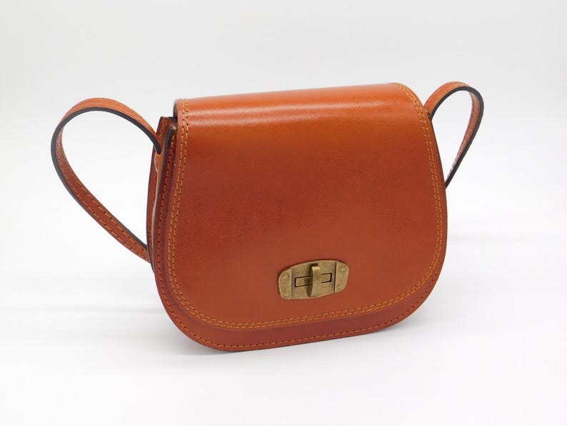 May include: A small, saddle-style handbag in a warm, reddish-brown colour. The leather bag features a curved shape, a flap closure with a brass-coloured clasp, and a stitched design. It has a top handle and a shoulder strap.