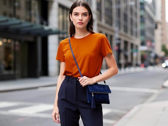 Navy Blue Suede Leather Crossbody Bag: Italian Fold-Over Clutch