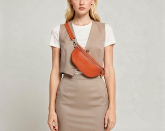 Orange Italian Leather Bum Bag: Women's Crossbody Fanny Pack