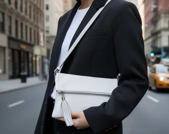 Bolso bandolera de piel italiana blanca: Bolso de mano plegable
