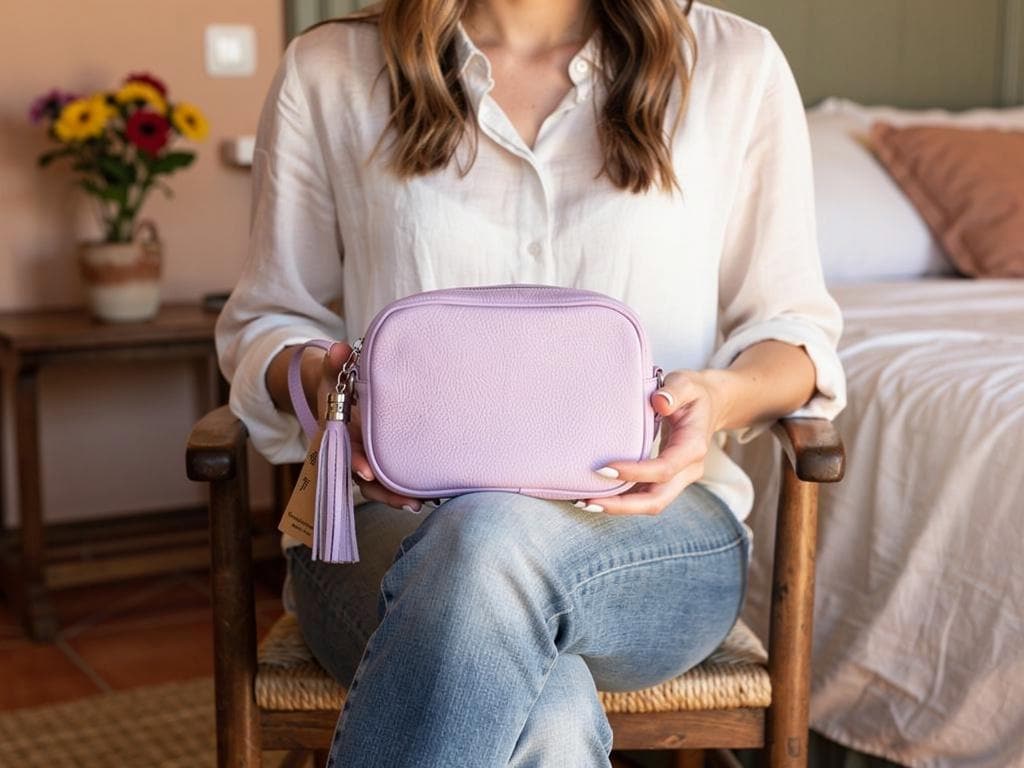Sara Lilac Leather Cross Body Bag. Genuine Italian Pebbled Leather