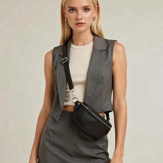 Black Italian Leather Bum Bag: Festival Hip Pack