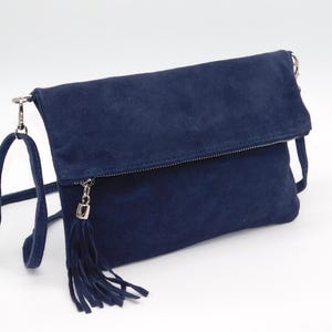 Navy Blue Leather Bag, Fold-Over leather Bag, genuine Suede Leather Bag, Navy Crossbody Bag, Real Leather Bag, Blue Suede Bag,