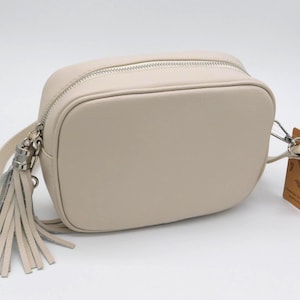 Sara Cream Leather Cross body Bag. Genuine Italian Pebbled Leather Shoulder Bag.