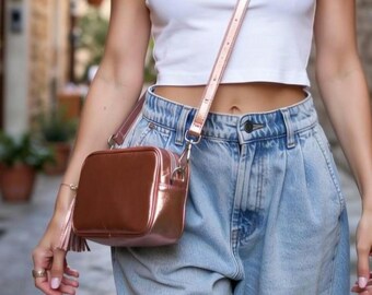 Handmade Italian Leather Crossbody Bag: Metallic Rose Gold Shoulder Bag