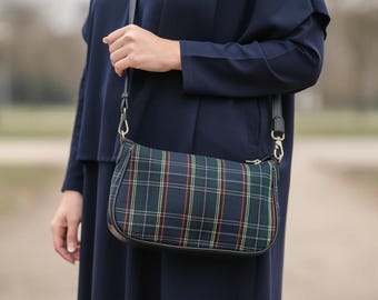 Navy Tartan Cross Body Bag: Plaid Tartan Shoulder Bag Antique Brass Hardware.