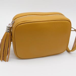 Sara Mustard Yellow Leather Cross body Bag. Genuine Italian Pebbled Leather.