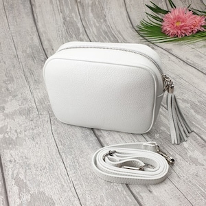 Sara White Leather Cross body Bag. Genuine Italian Pebbled Leather. Standard