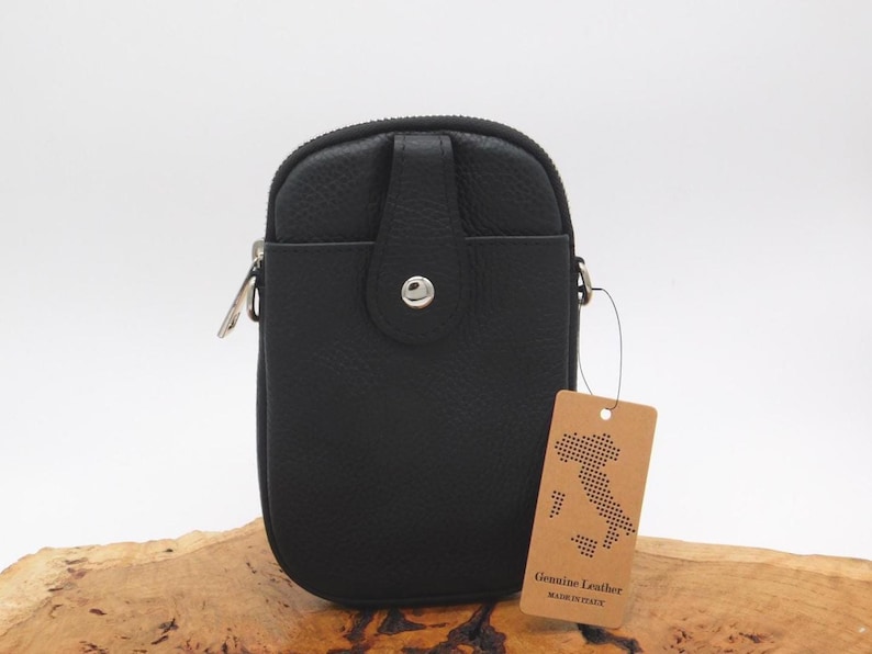 Bolso/bolsa de cuero negro para teléfono móvil, cruzado al hombro. imagen 2
