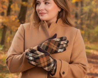 Tartan geruite touchscreenhandschoenen: fleece gevoerde winterhandschoenen met gesp