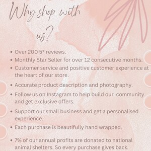 May include: A pink and white graphic with the text "Why shop with us?" and bullet points detailing customer service, product description, and community engagement. The image also mentions reviews, a Star Seller status, and donations.