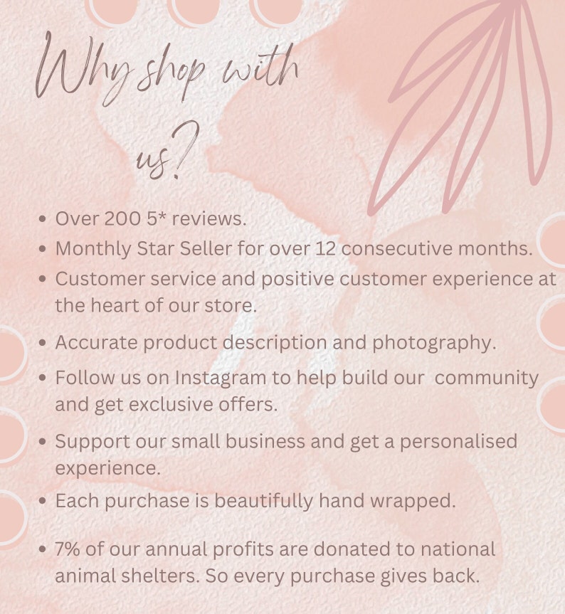 May include: A pink and white graphic with the text "Why shop with us?" and bullet points detailing customer service, product description, and community engagement. The image also mentions reviews, a Star Seller status, and donations.