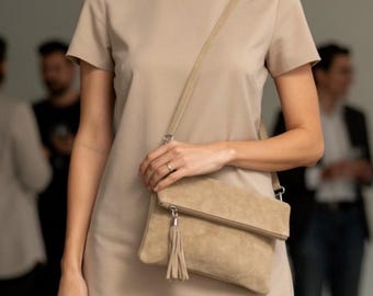 Beige Suede Leather Fold-Over Bag: Italian Crossbody Clutch