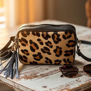 Sac à bandoulière en similicuir léopard pour appareil photo : cuir italien, finitions argentées