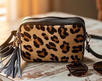 Leopard Faux Leather Crossbody Camera Bag: Italian Leather, Silver Hardware