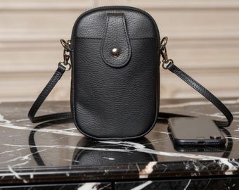 Sac/pochette en cuir noir pour téléphone portable