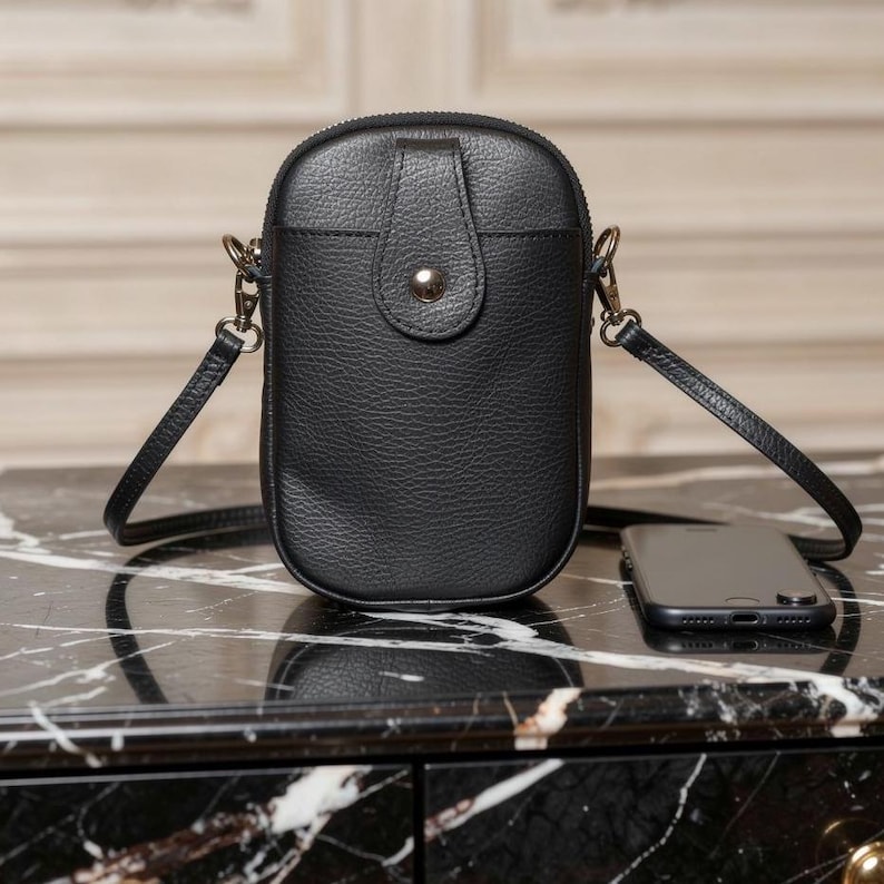 Bolso/bolsa de cuero negro para teléfono móvil, cruzado al hombro. Standard