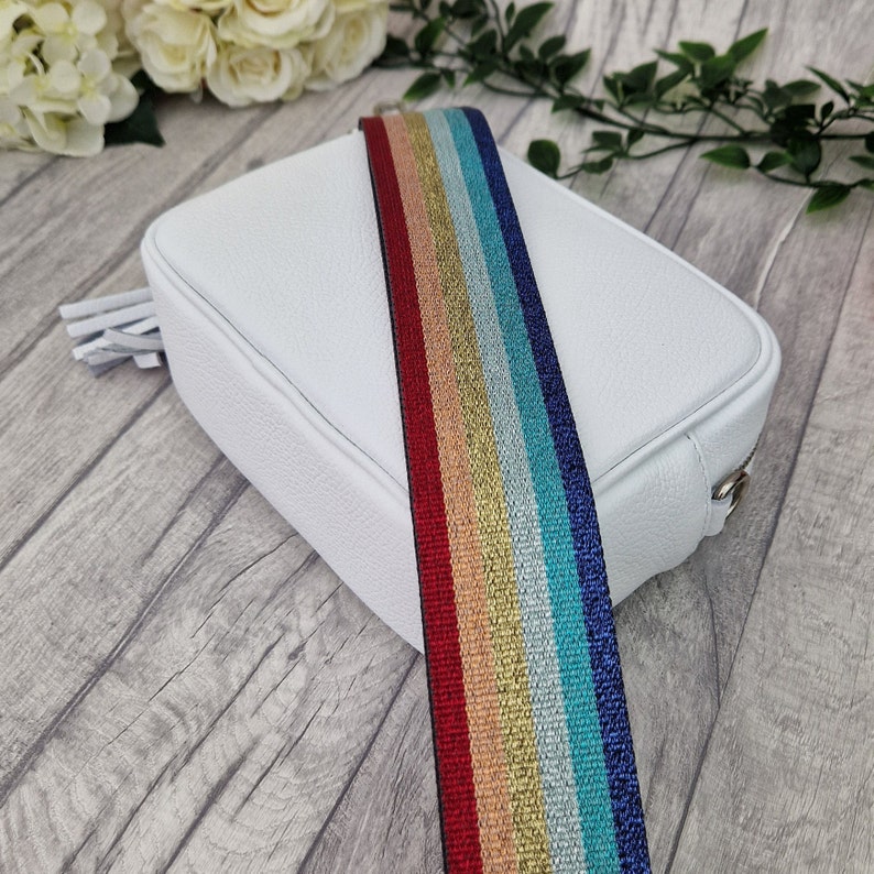 Sara White Leather Cross body Bag. Genuine Italian Pebbled Leather. Rainbow Strap