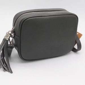 Sara Dark Grey Leather Cross body Bag. Genuine Italian Pebbled Leather Tassel bag