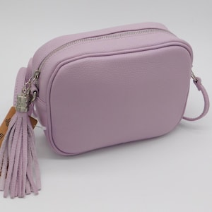Sara Lilac Leather Cross body Bag. Genuine Italian Pebbled Leather.