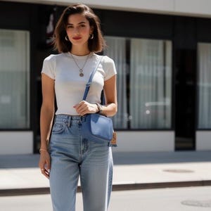 Sara Dusty Blue Leather Cross body Bag. Genuine Italian Pebbled Leather.