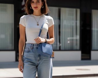 Sara Dusty Blue Leather Cross body Bag. Genuine Italian Pebbled Leather.