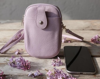 Lilac Leather Crossbody Phone Bag: Italian Leather, Adjustable Strap