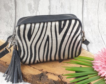 Millie Italian Leather Zebra Pattern Leather Cross body Bag | Leather Tassel Shoulder Bag