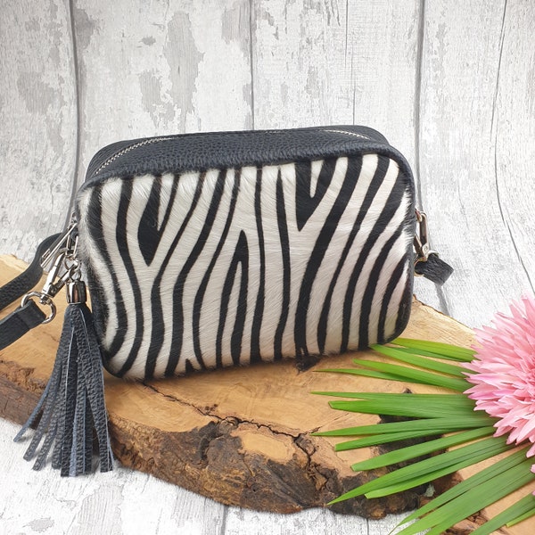 Millie Italian Leather Zebra Pattern Leather Cross body Bag | Leather Tassel Shoulder Bag