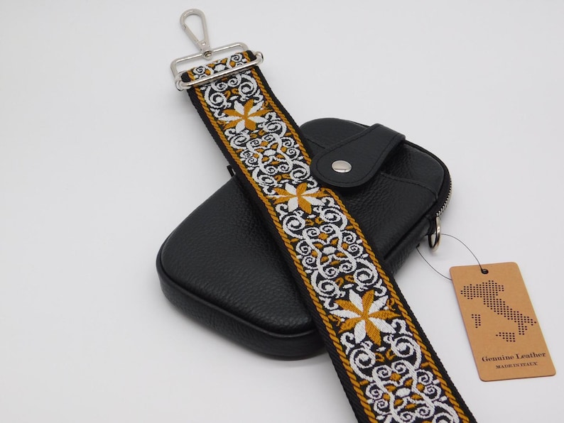 Bolso/bolsa de cuero negro para teléfono móvil, cruzado al hombro. Mustard & Black