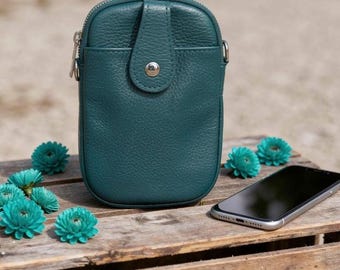 Teal Italian Leather Crossbody Phone Bag - Silver Hardware